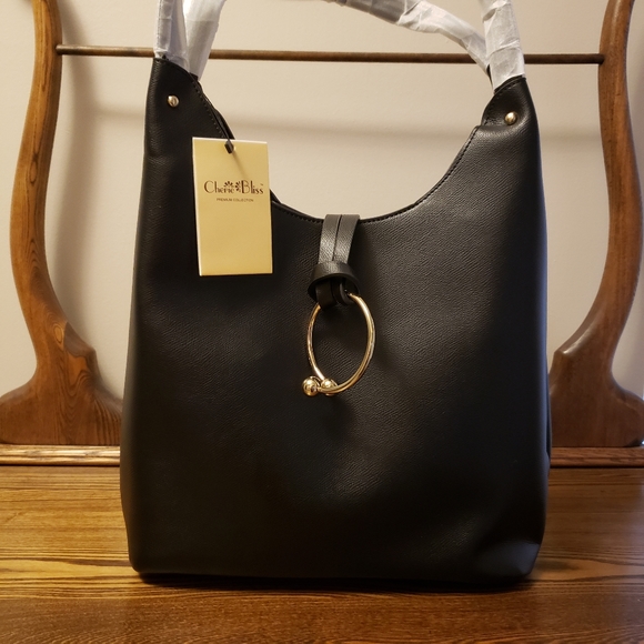 Premium Faux Leather Tote w/ Ring Medallion- Black - Picture 2 of 9